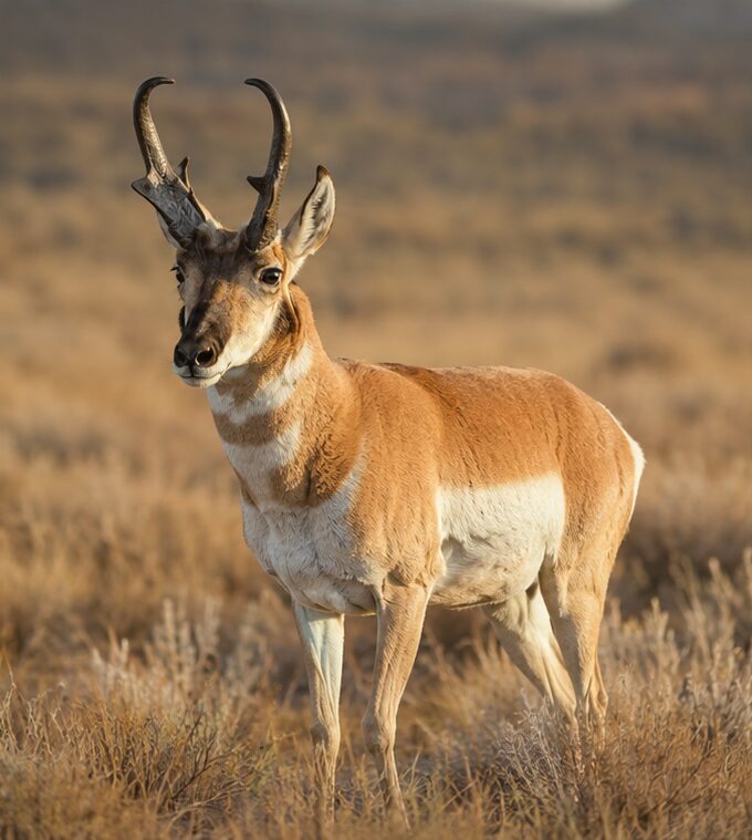 Pronghorn buck portrait with grassland backdrop in golden light